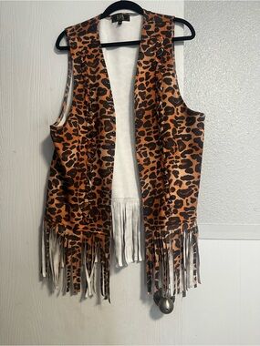 Lucky & Blessed Leopard Print Fringe Vest - Medium